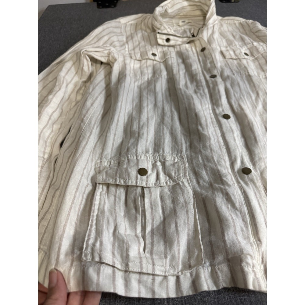 Artisan NY Striped Linen Field Jacket White Tan Womens Sz XL Coastal Beach
